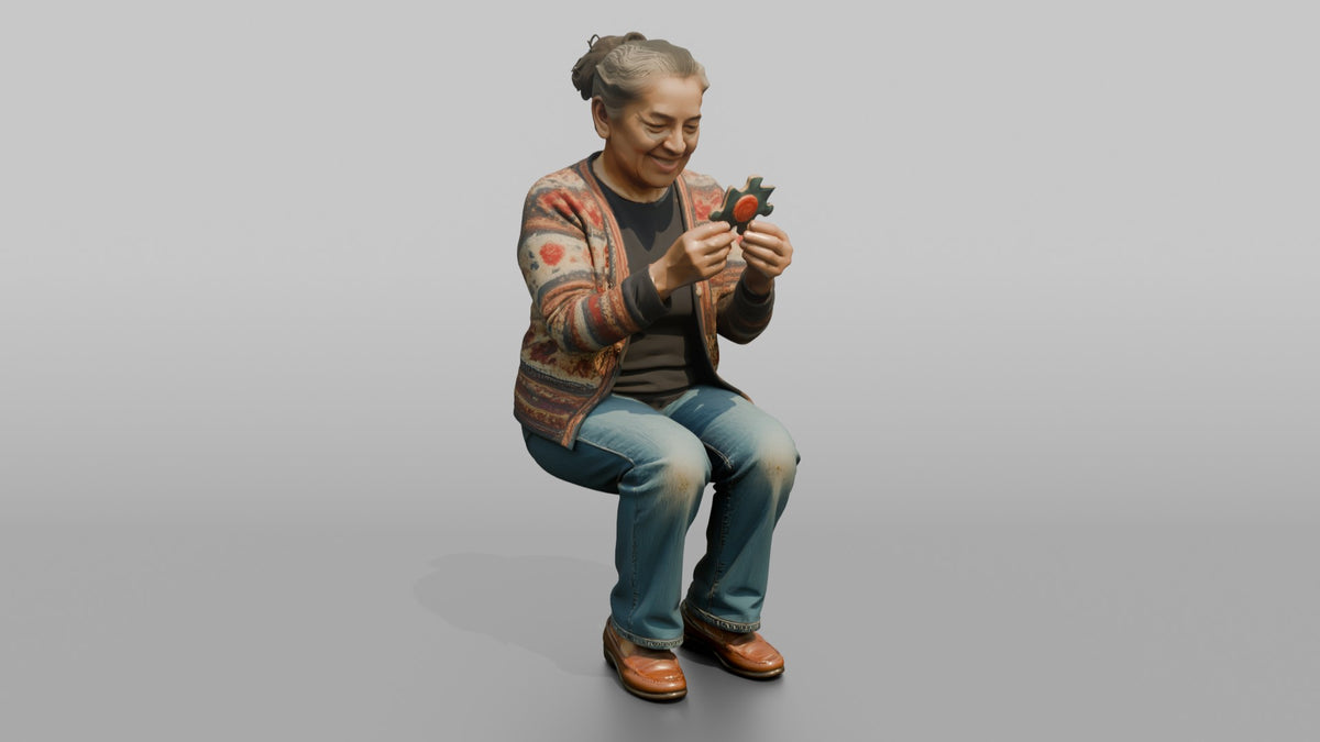 Grandmother Holding A Jigsaw Puzzle Piece, Examining It - 3D character model
