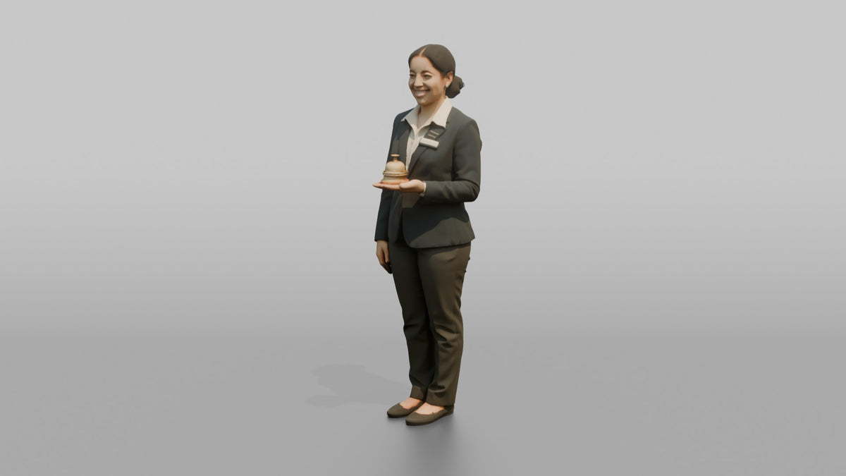 Receptionist Man Holding A Small Front-desk Bell - 3D character model, view 4