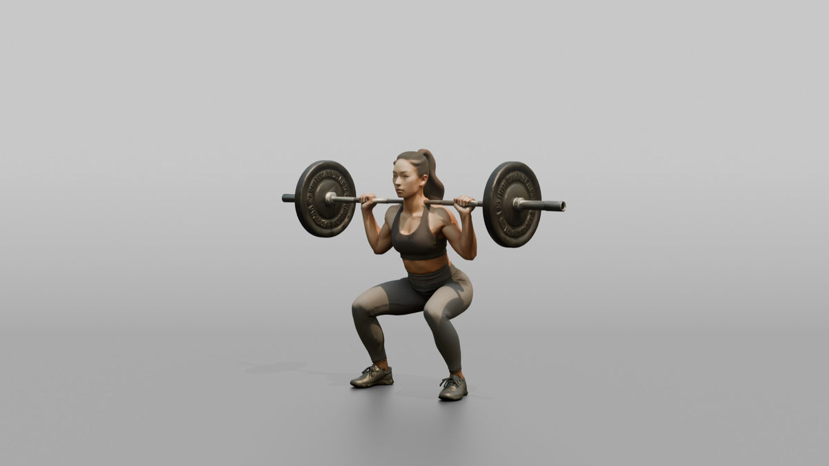 Weightlifter Woman Holding A Barbell Across The Shoulders In A Squat Stance - 3D character model, view 4