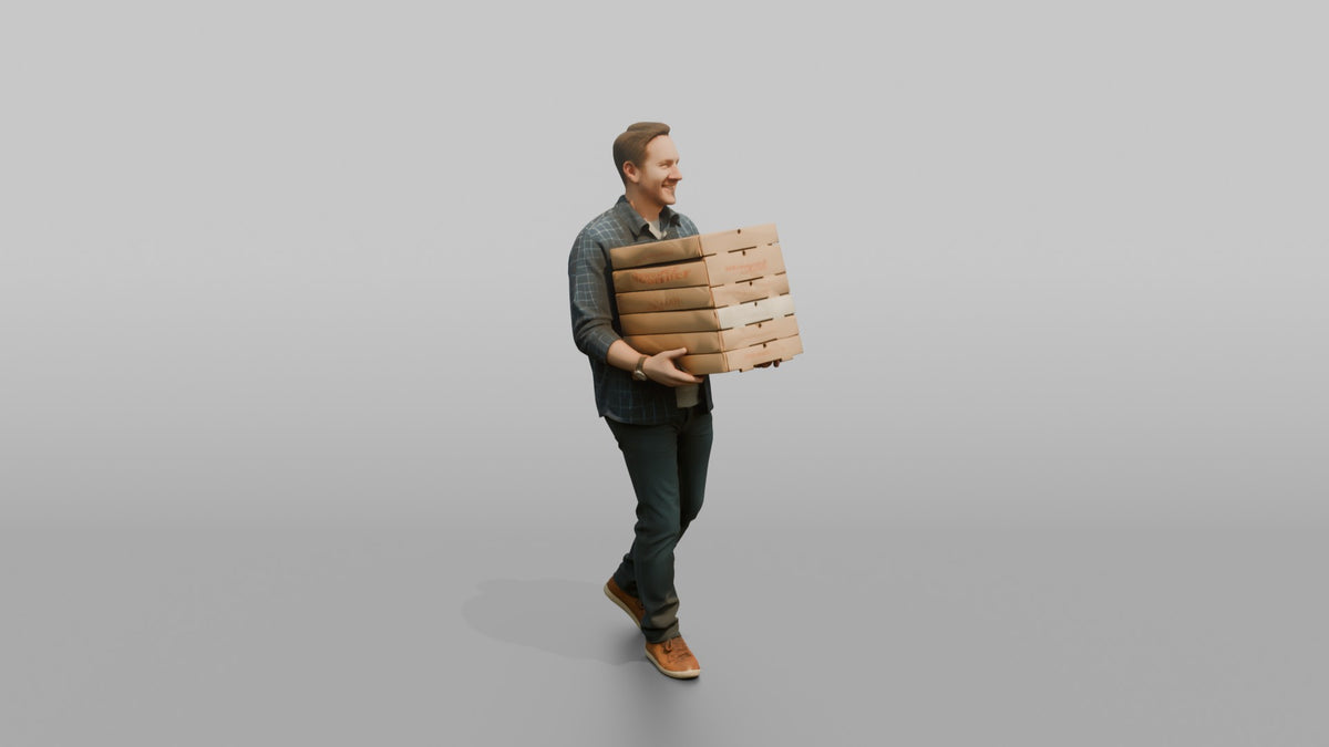 Father Carrying A Stack Of Pizza Boxes Balanced In Both Arms - 3D character model