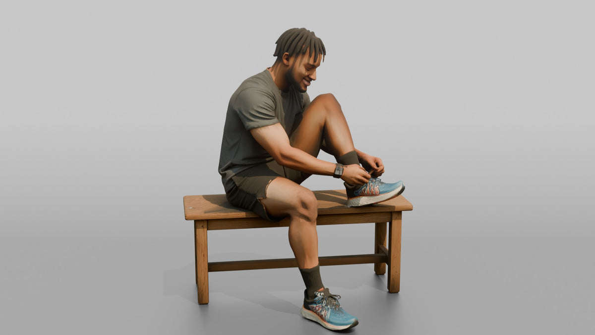 Man Customer Sitting On A Bench Trying On Running Shoes - 3D character model