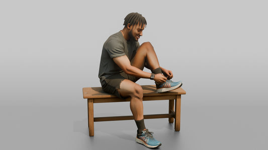 Man Customer Sitting On A Bench Trying On Running Shoes - 3D character model