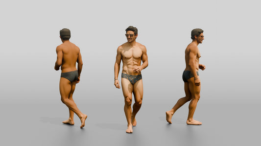 Mestizo Man in Geometric Swim Brief on the Beach