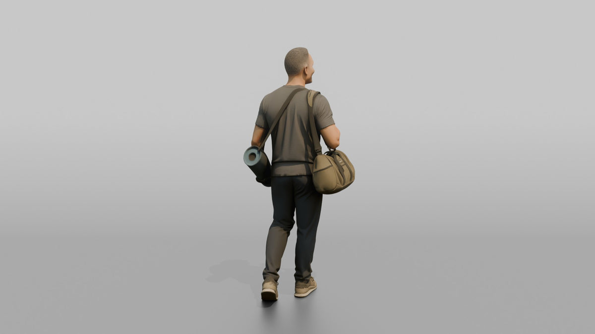 Father Carrying A Rolled-up Yoga Mat And A Gym Bag - 3D character model, view 3