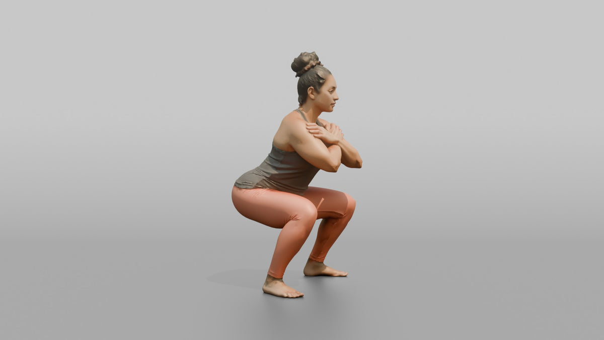 Bodyweight Athlete Woman Holding A Deep Squat Position, Arms Crossed - 3D character model, view 2