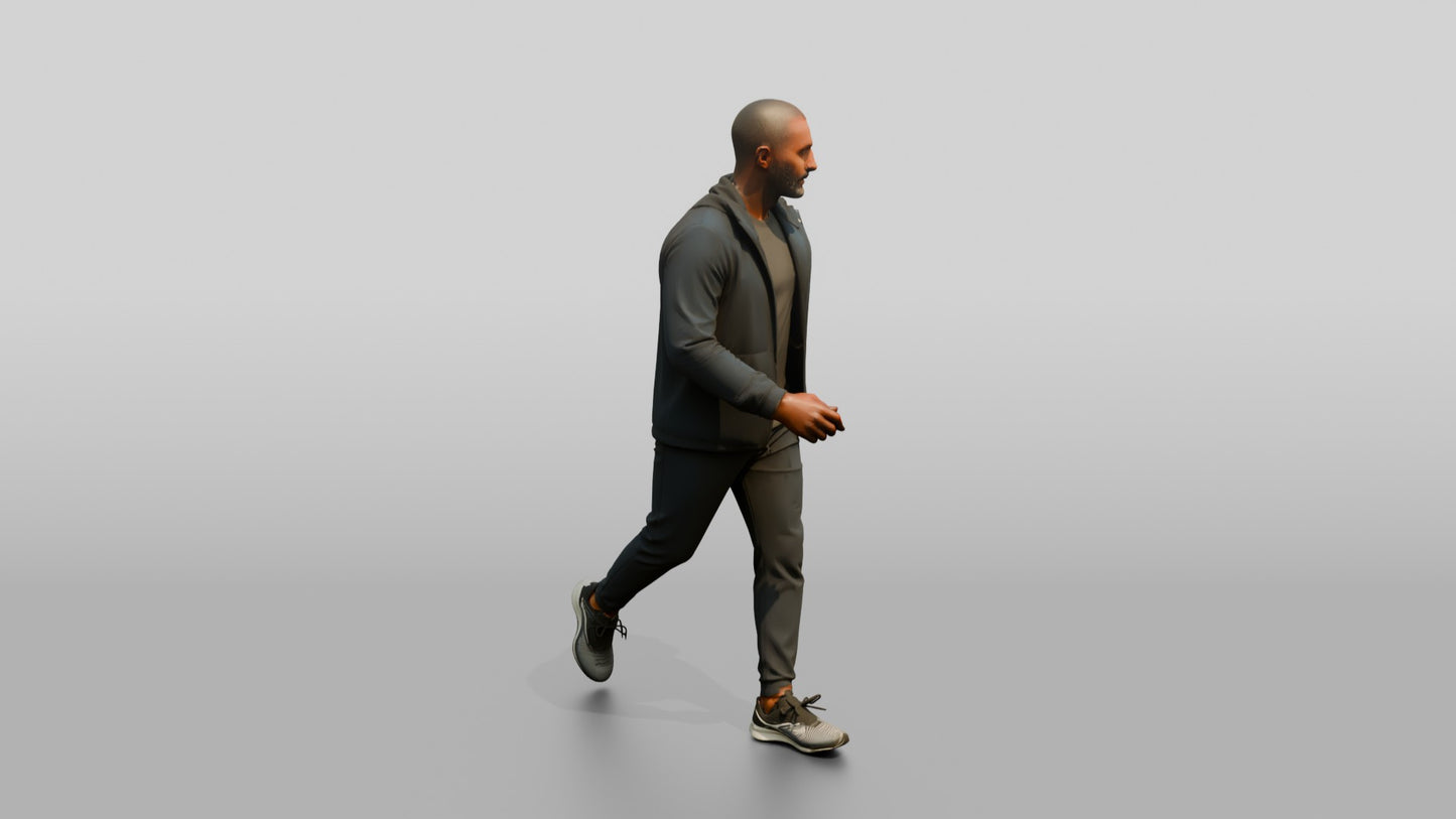 Black Man in Navy Windbreaker Walking Quickly