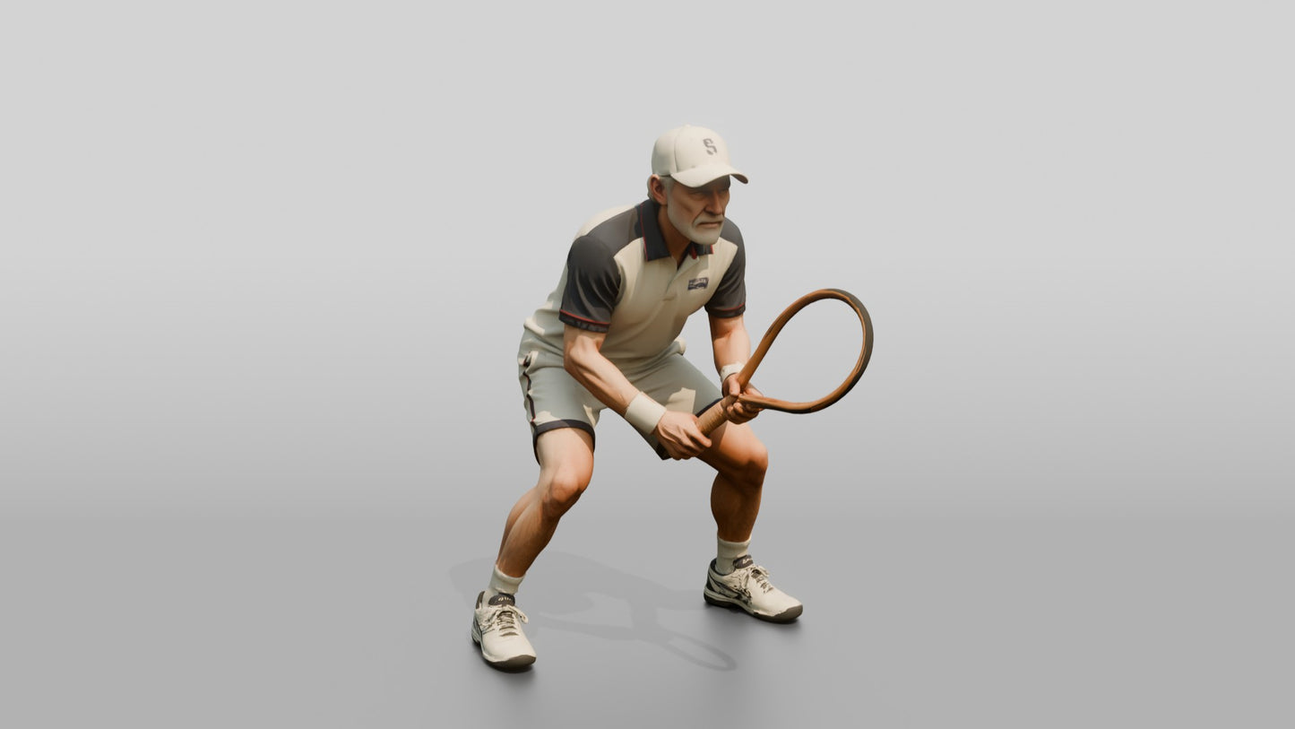 Senior Tennis Player in a Deep Defensive Stance