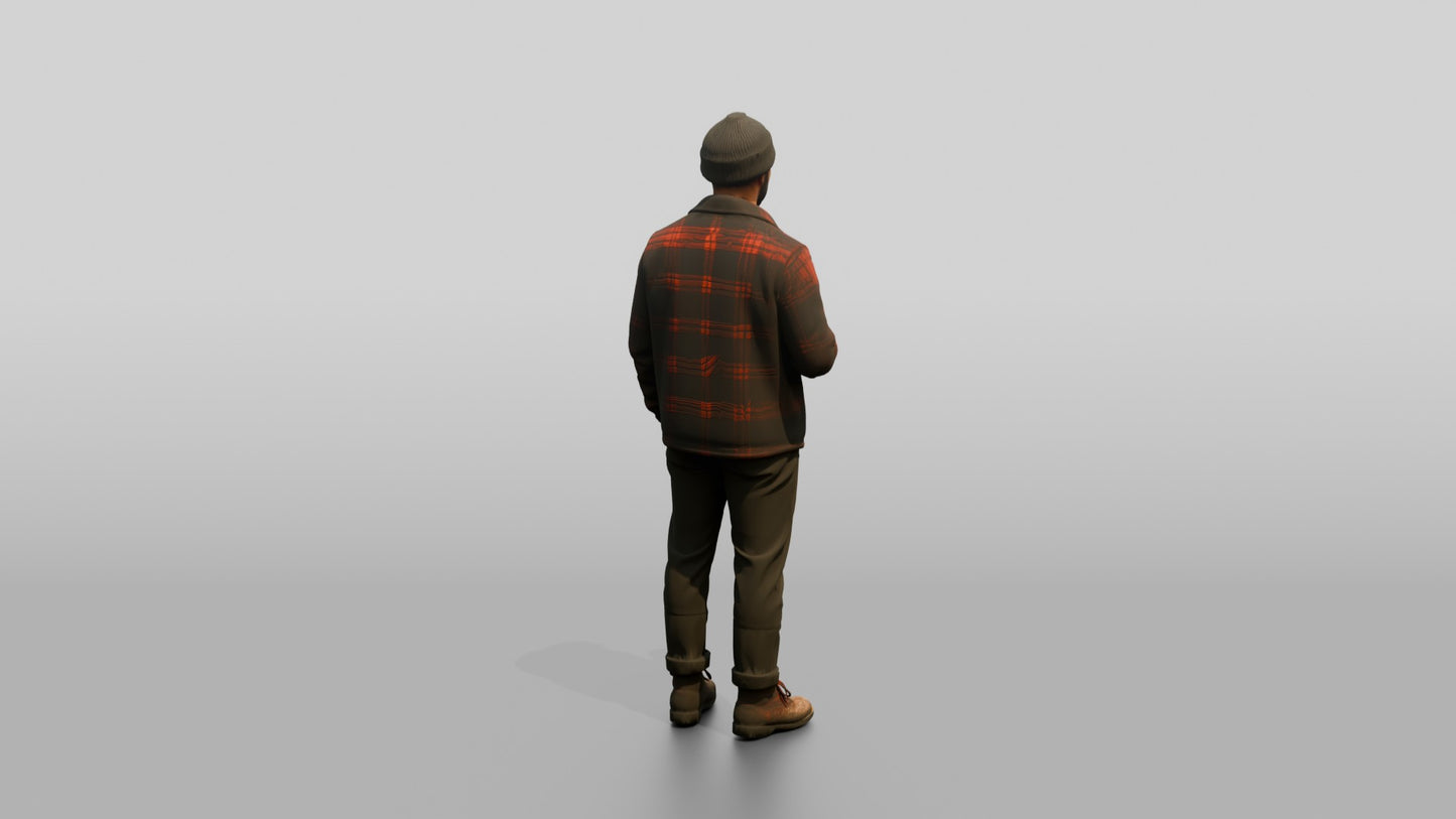 Caucasian Man in Plaid Flannel Jacket with Coffee