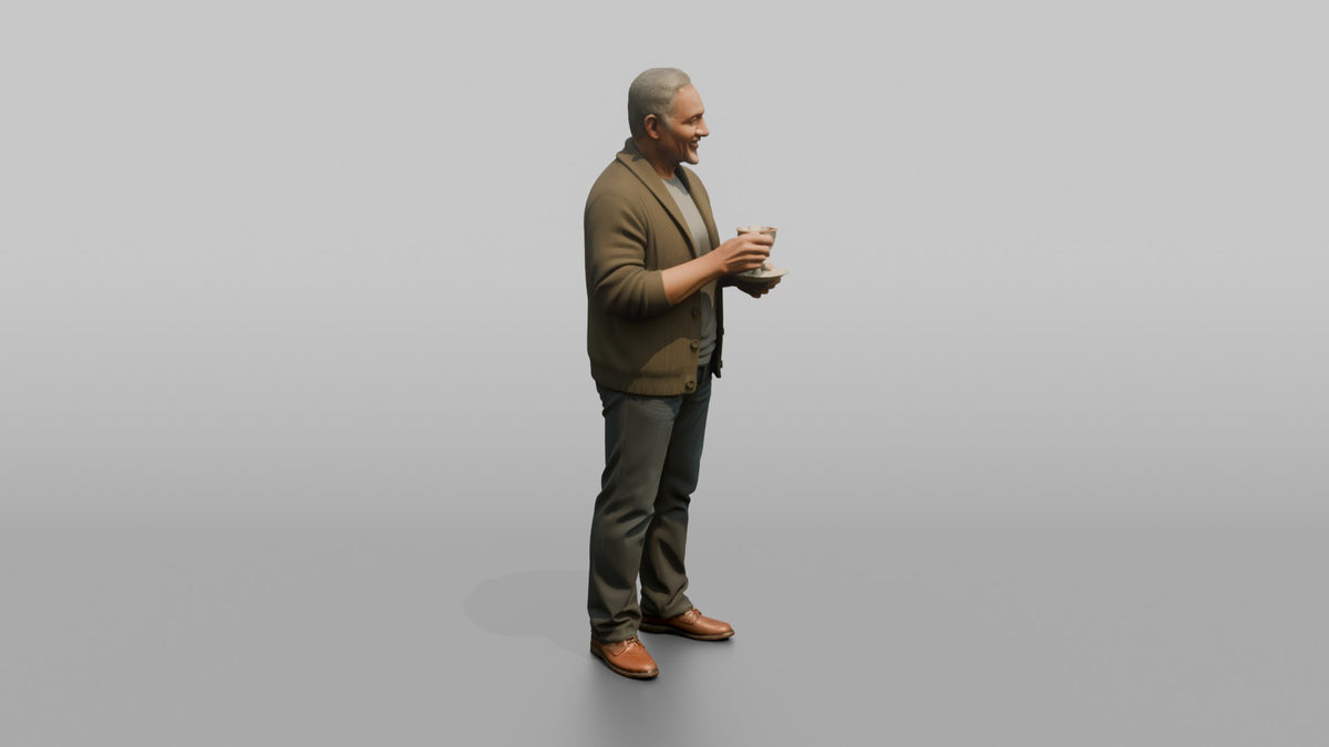 Grandfather Holding A Teacup And Saucer - 3D character model, view 2