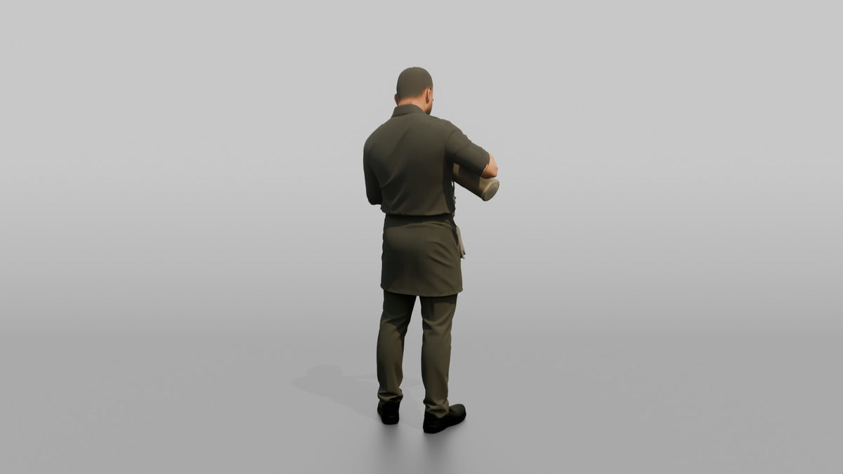 Server Man Pouring Water From A Pitcher Into A Glass - 3D character model, view 3