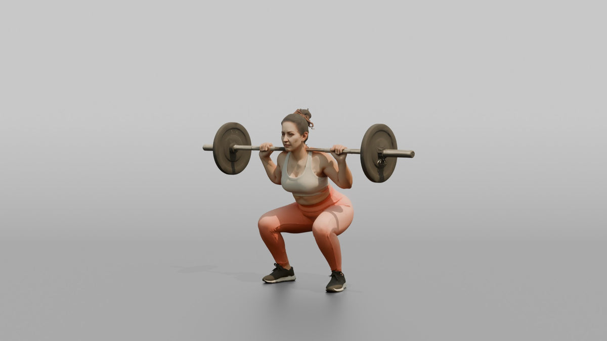 Weightlifter Woman Holding A Barbell Across The Shoulders In A Squat Stance - 3D character model, view 4