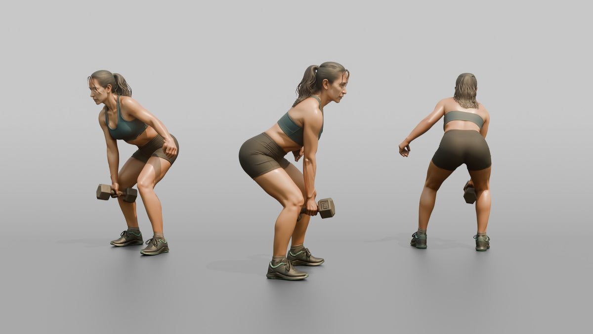 Weightlifter Woman Mid-rep On A Dumbbell Deadlift - 3D character model, view 1