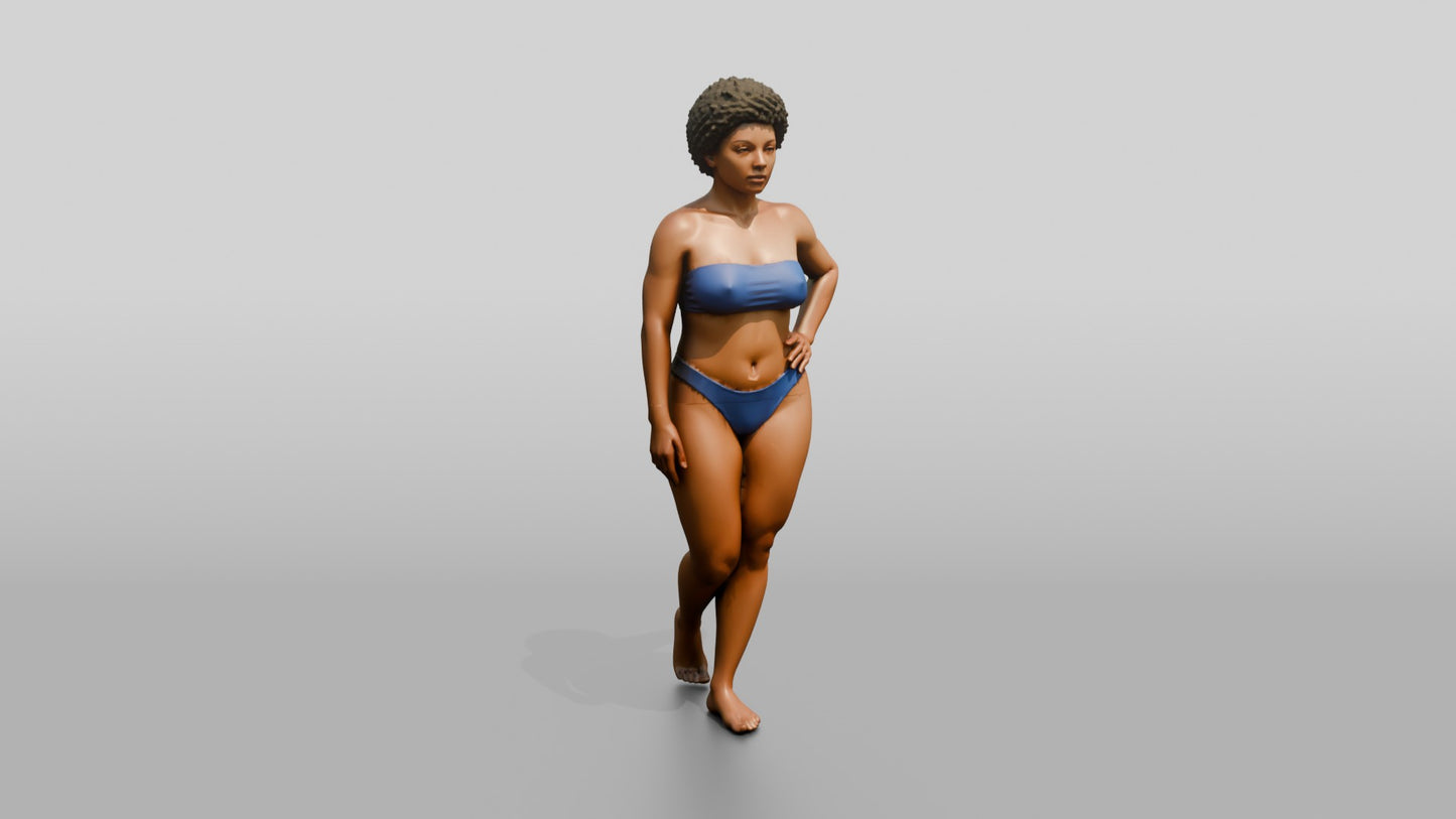Curvy Black Woman in Blue Two-Piece Swimsuit Hand on Hip
