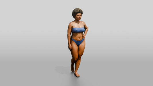 Curvy Black Woman in Blue Two-Piece Swimsuit Hand on Hip - 3D character model, view 1