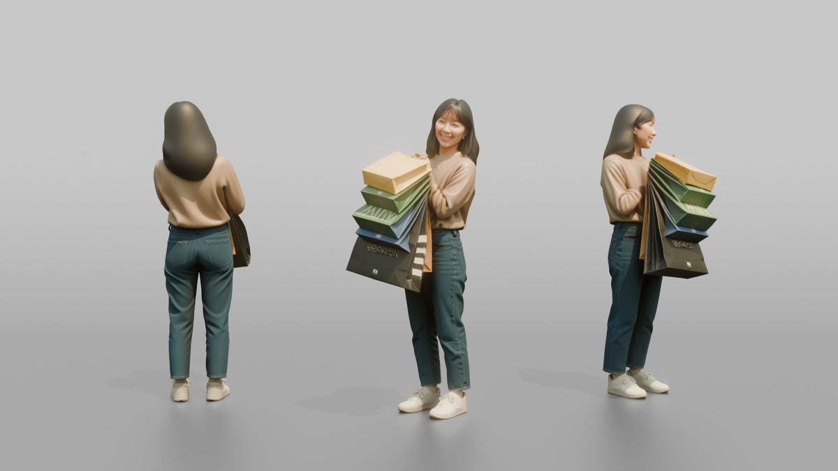 Woman Customer Holding Several Shopping Bags Stacked On One Arm - 3D character model, view 1