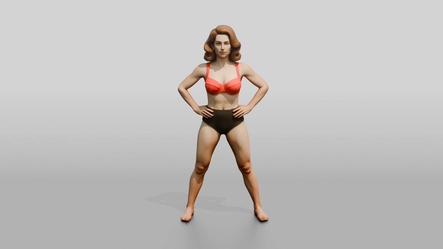 Woman in Red Two-Piece Swimsuit Wide Stance Hands on Hips