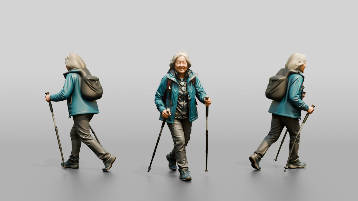 Elderly Chinese Woman Hiking with Trekking Poles - 3D character model