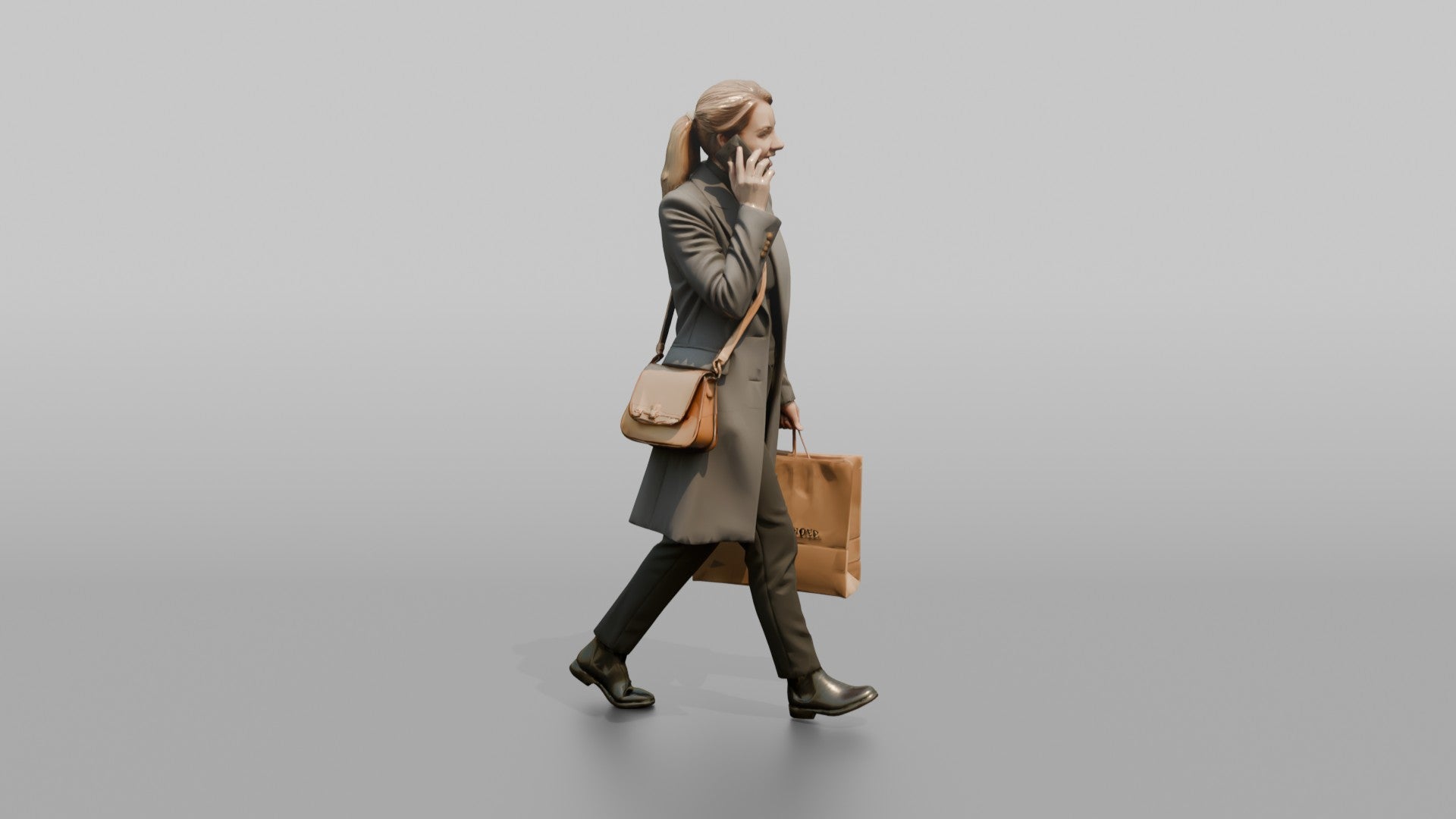 Dutch Woman Walking Briskly in a Wool Coat, Phone in Hand
