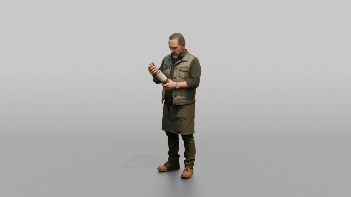 Bartender Man Holding A Bottle, Reading The Label - 3D character model, view 4