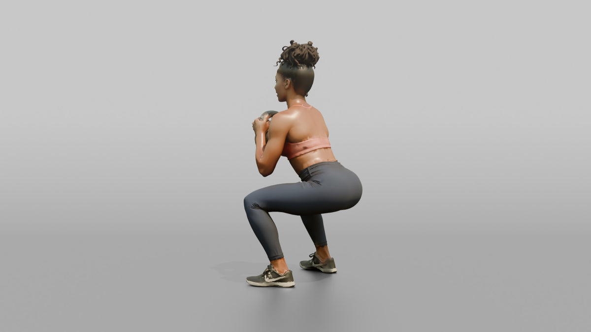 Weightlifter Woman Holding A Kettlebell In A Goblet Squat Position - 3D character model, view 3