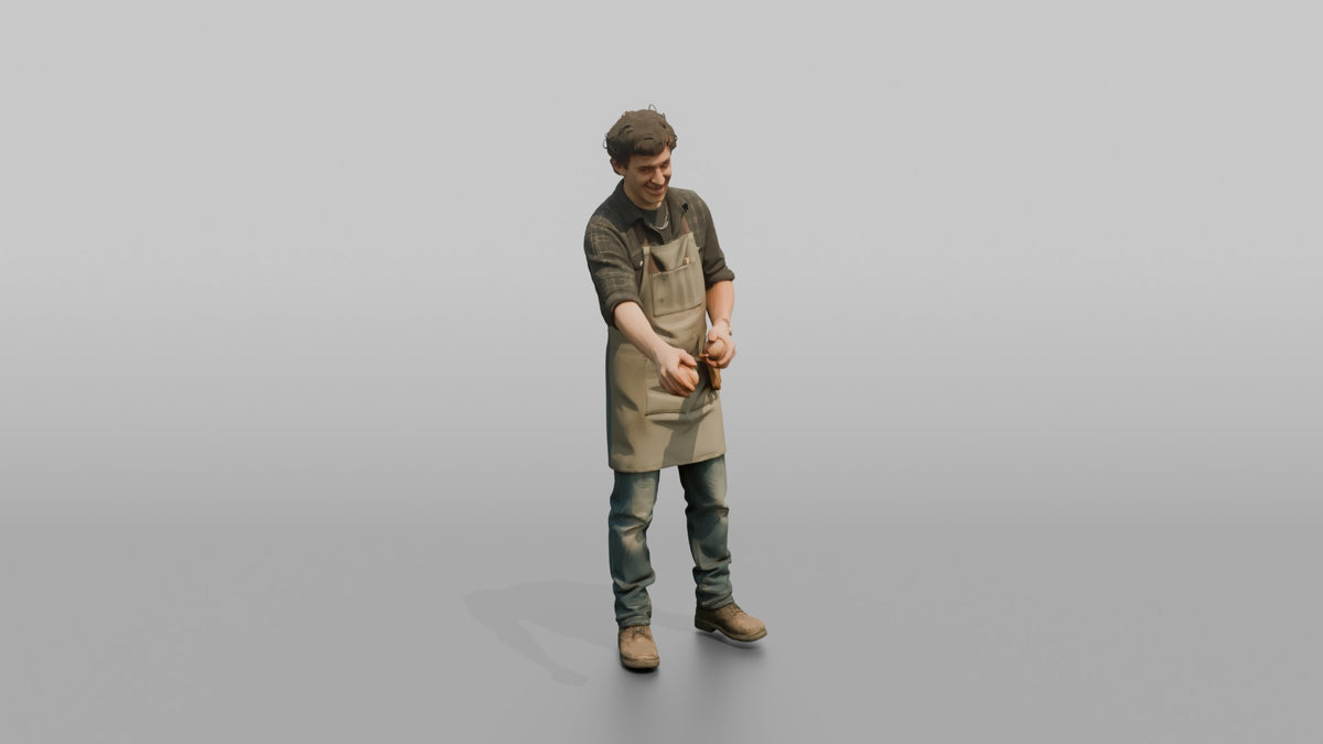 Farmer Sorting Yellow Onions Into Wooden Crates - 3D character model, view 2