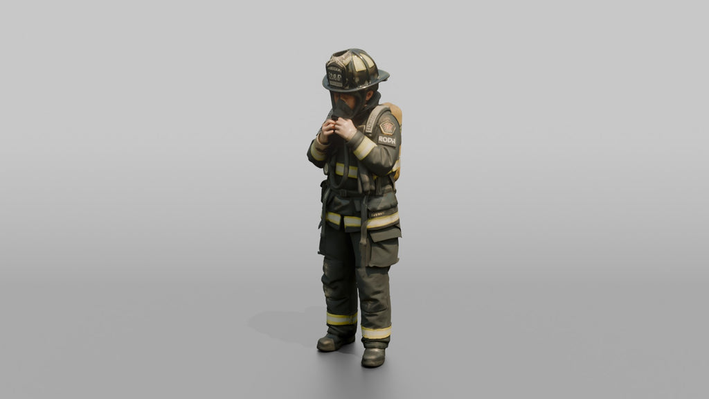 Firefighter Woman Adjusting Her Face Mask Regulator
