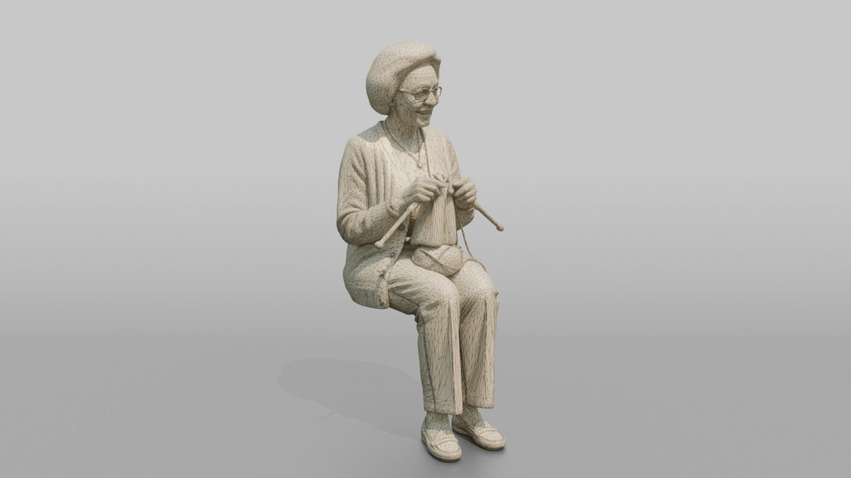 Grandmother Holding A Pair Of Knitting Needles And Yarn - wireframe topology preview