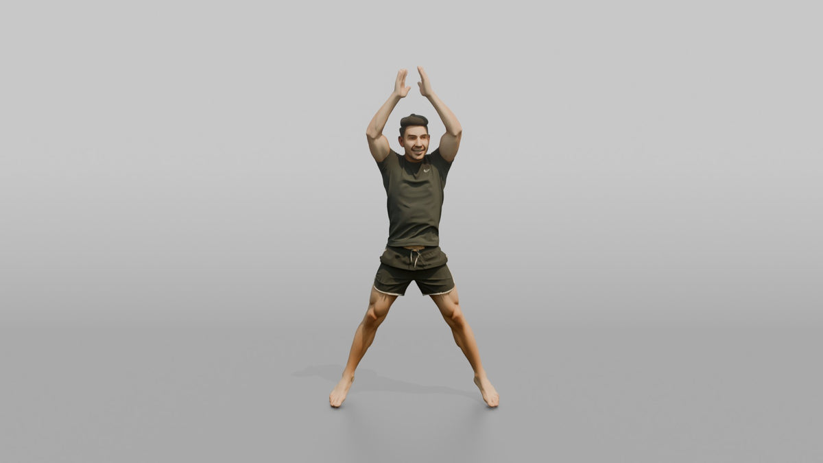 Fitness Influencer Man Mid Jumping-jack, Arms Overhead - 3D character model, view 5