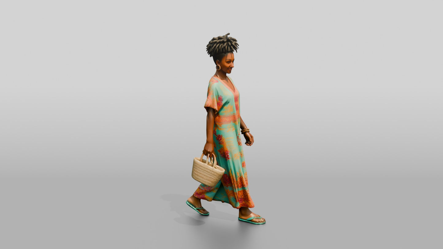 Afro-Latina Woman with Woven Shopping Bag