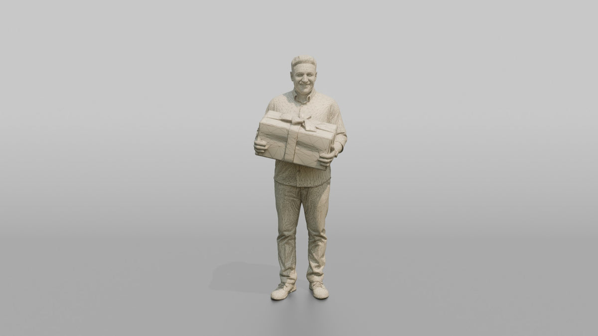 Father Carrying A Large Gift-wrapped Present In Both Arms - wireframe topology preview