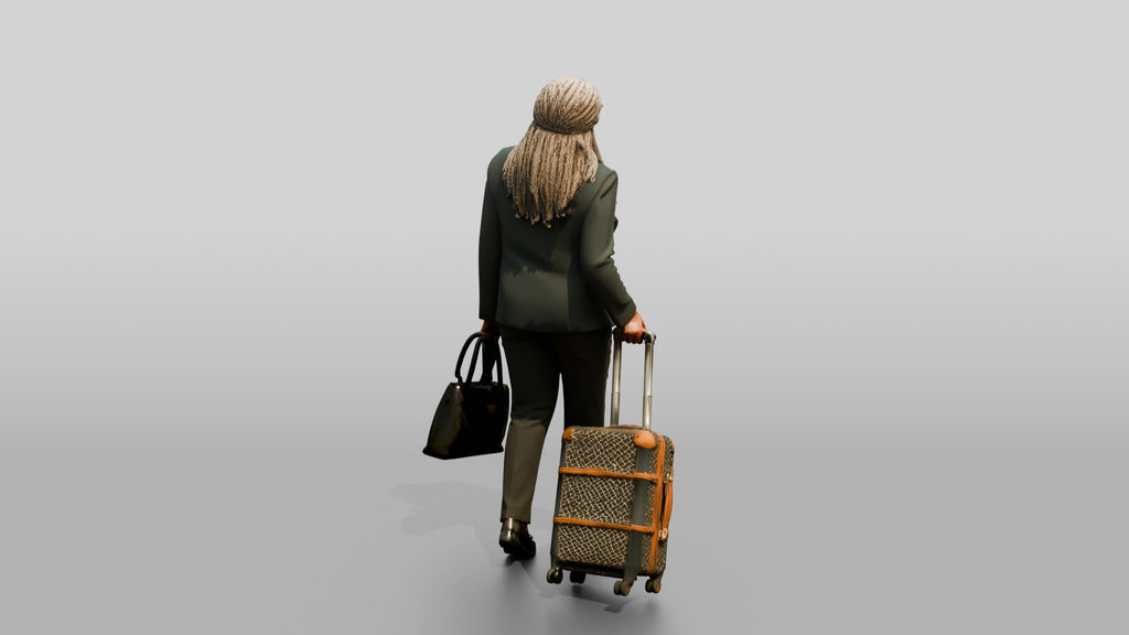 Elderly Black Woman in Green Blazer with Patterned Luggage