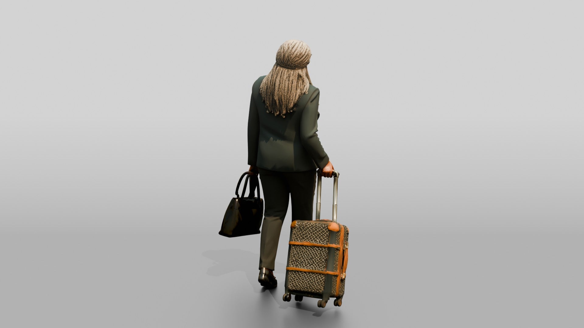Elderly Black Woman in Green Blazer with Patterned Luggage