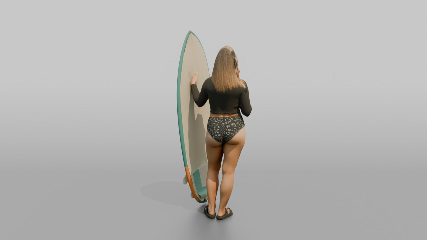 Surfer Standing and Chatting by Her Board