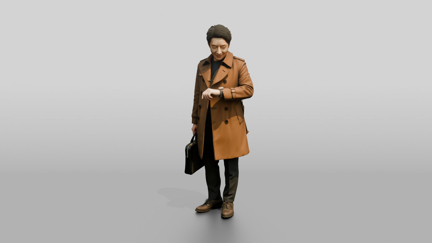 East Asian Man in Brown Raincoat Checking Watch