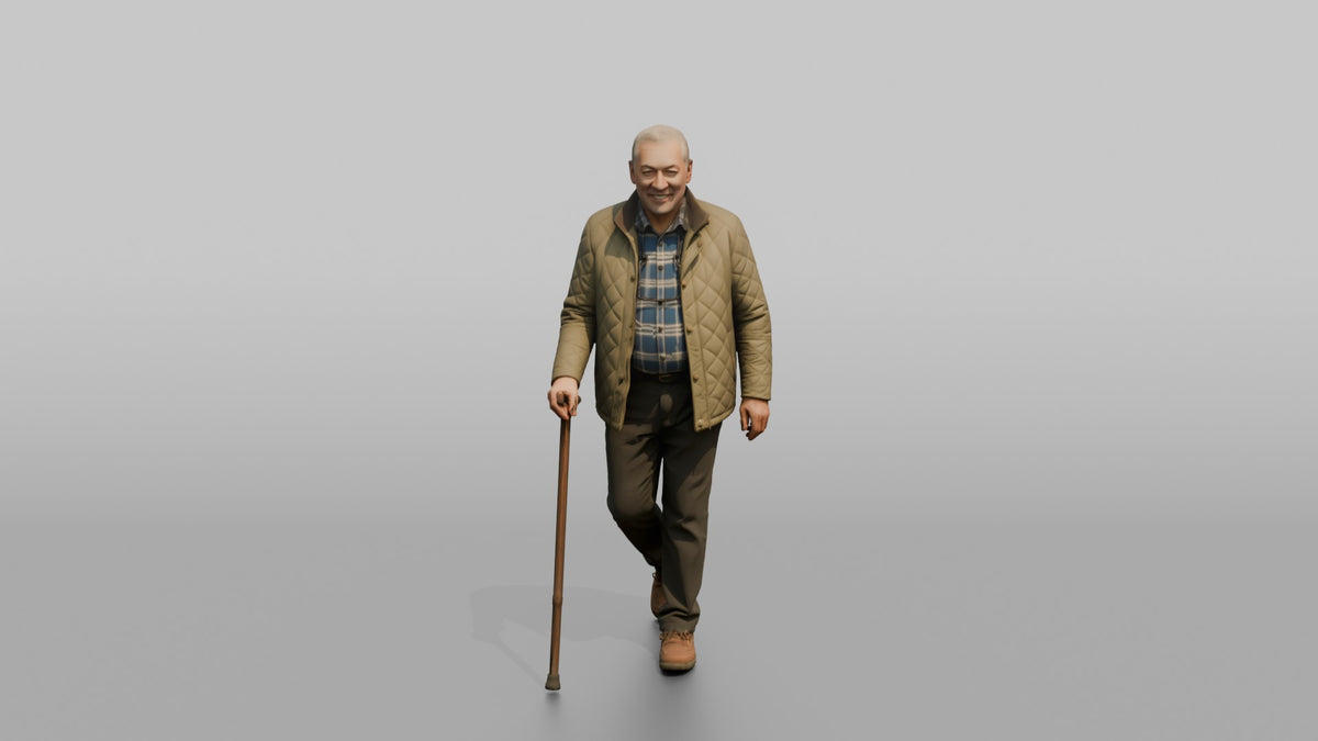 Grandfather Holding A Walking Stick, Mid-stride - 3D character model, view 5