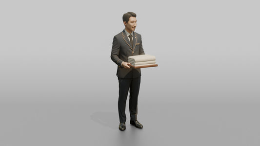 Bellhop Woman Carrying A Tray With Folded Towels - 3D character model