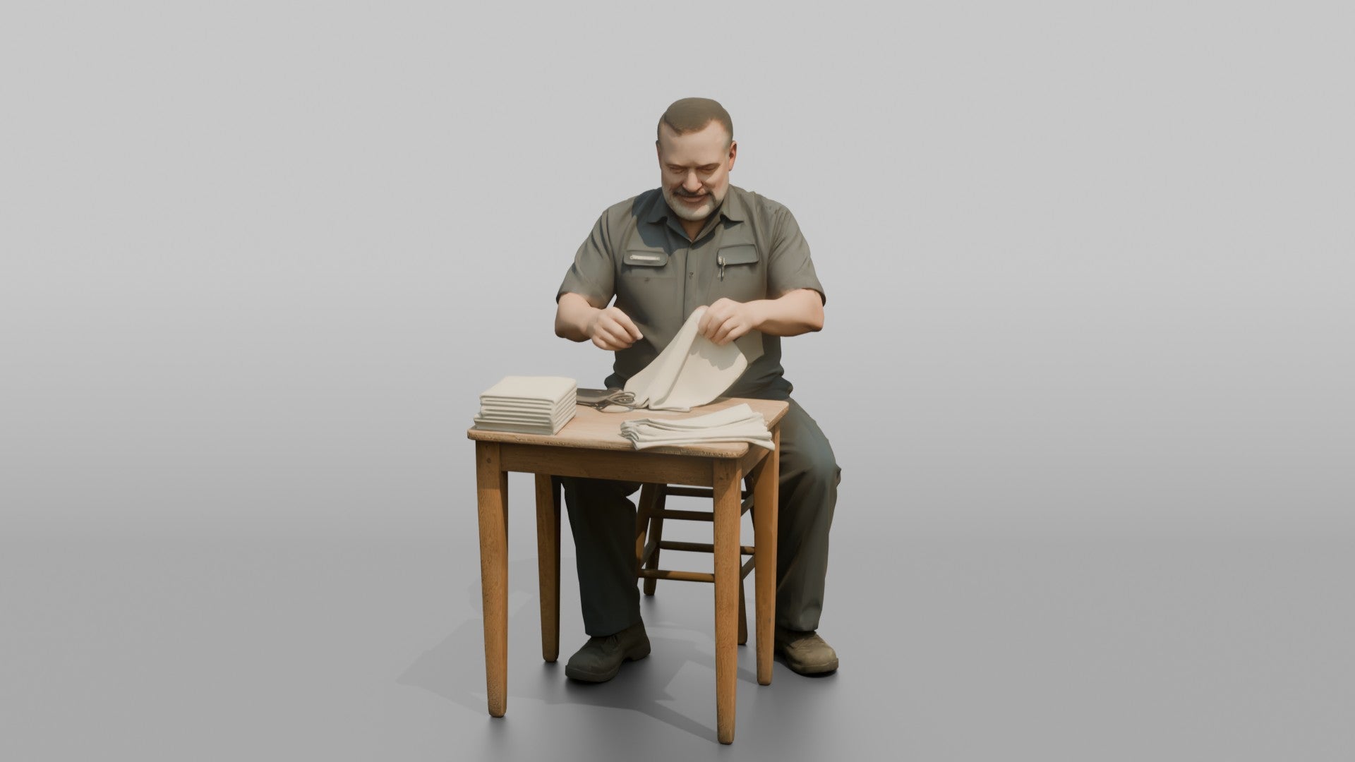 Mess Attendant Folding Napkins for the Dining Hall