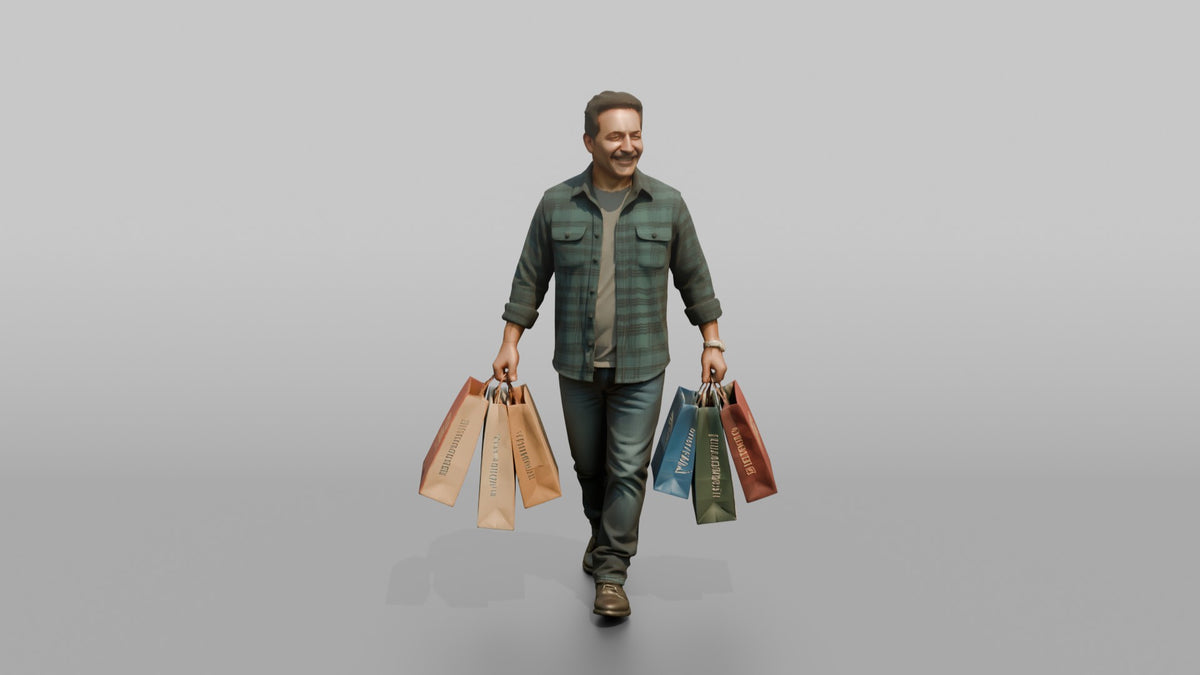 Man Customer Carrying Several Shopping Bags In Both Hands - 3D character model, view 5