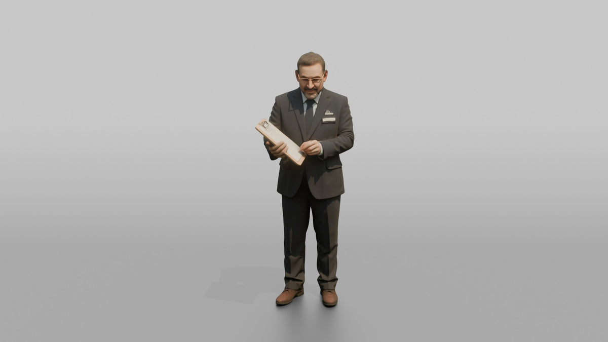 Receptionist Man Holding A Pen, Signing A Form - 3D character model, view 5