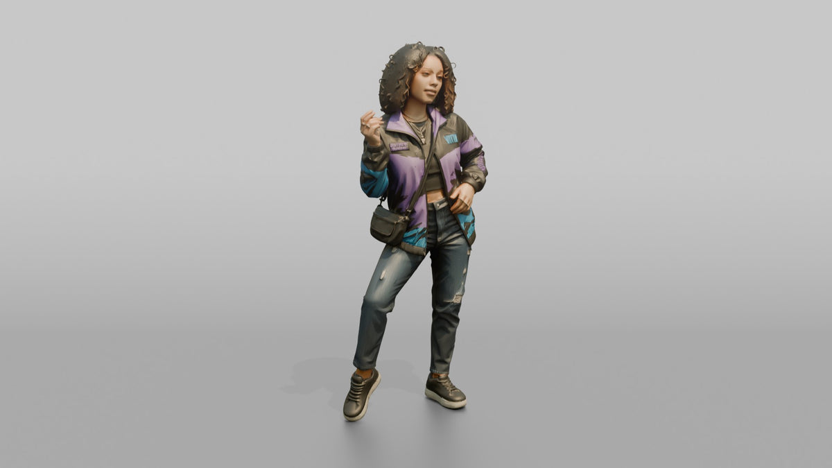 Patron Woman Striking A Bold Urban Pose In A Graphic Windbreaker - 3D character model
