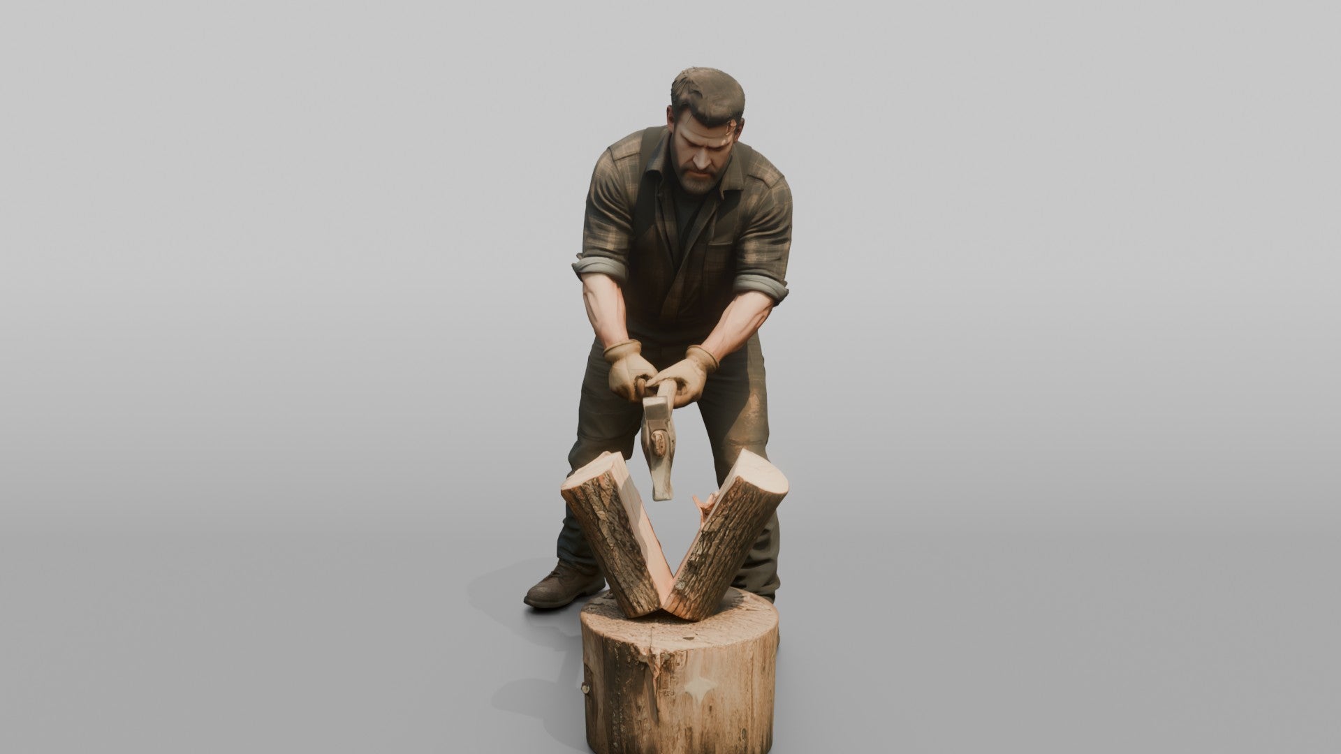 Farmer Swinging Heavy Splitting Maul Into Firewood