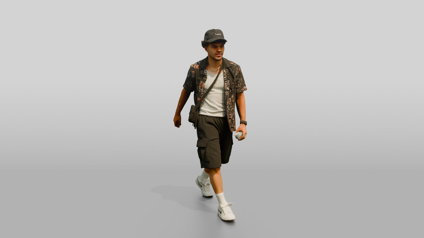 Multiracial Man Walking the Boardwalk in Patterned Shirt