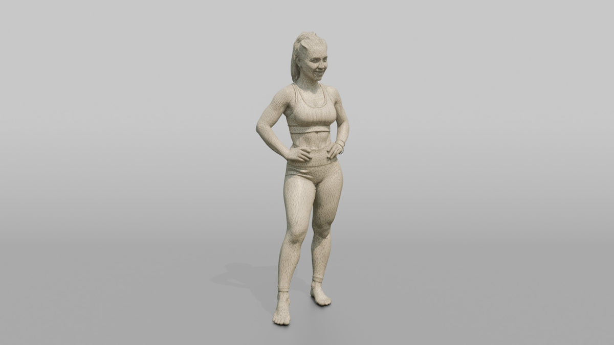 Fitness Influencer Woman Standing With One Leg Forward, Hands On Hips - wireframe topology preview