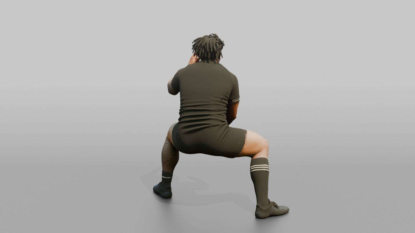 Polynesian Player in a Low Crouch Haka Movement