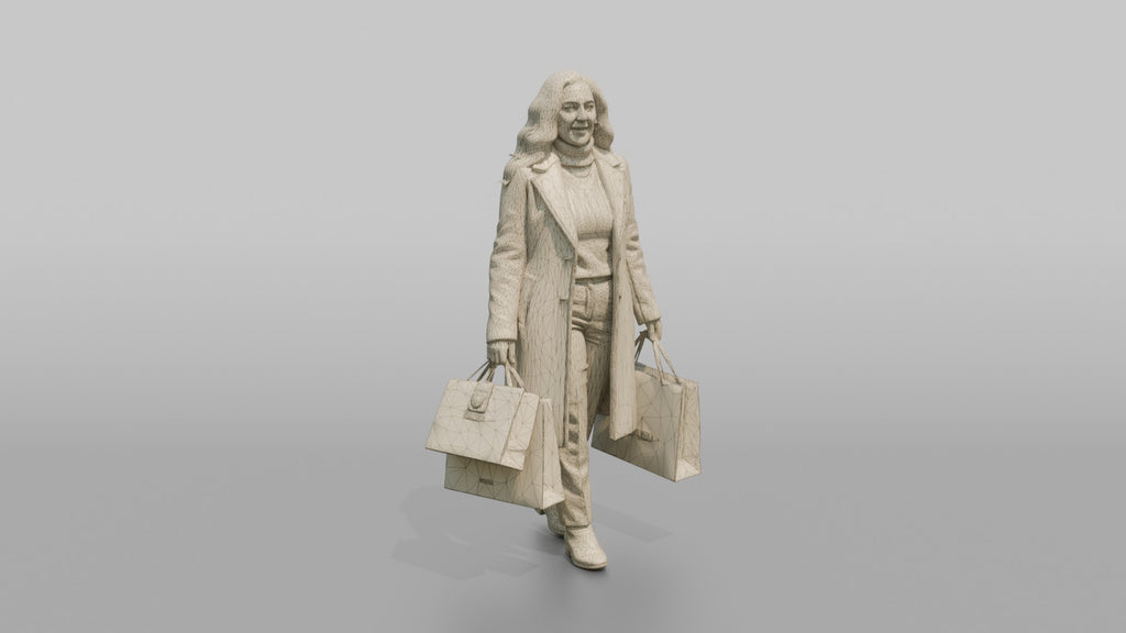 Woman in Green Wool Coat with Shopping Bags