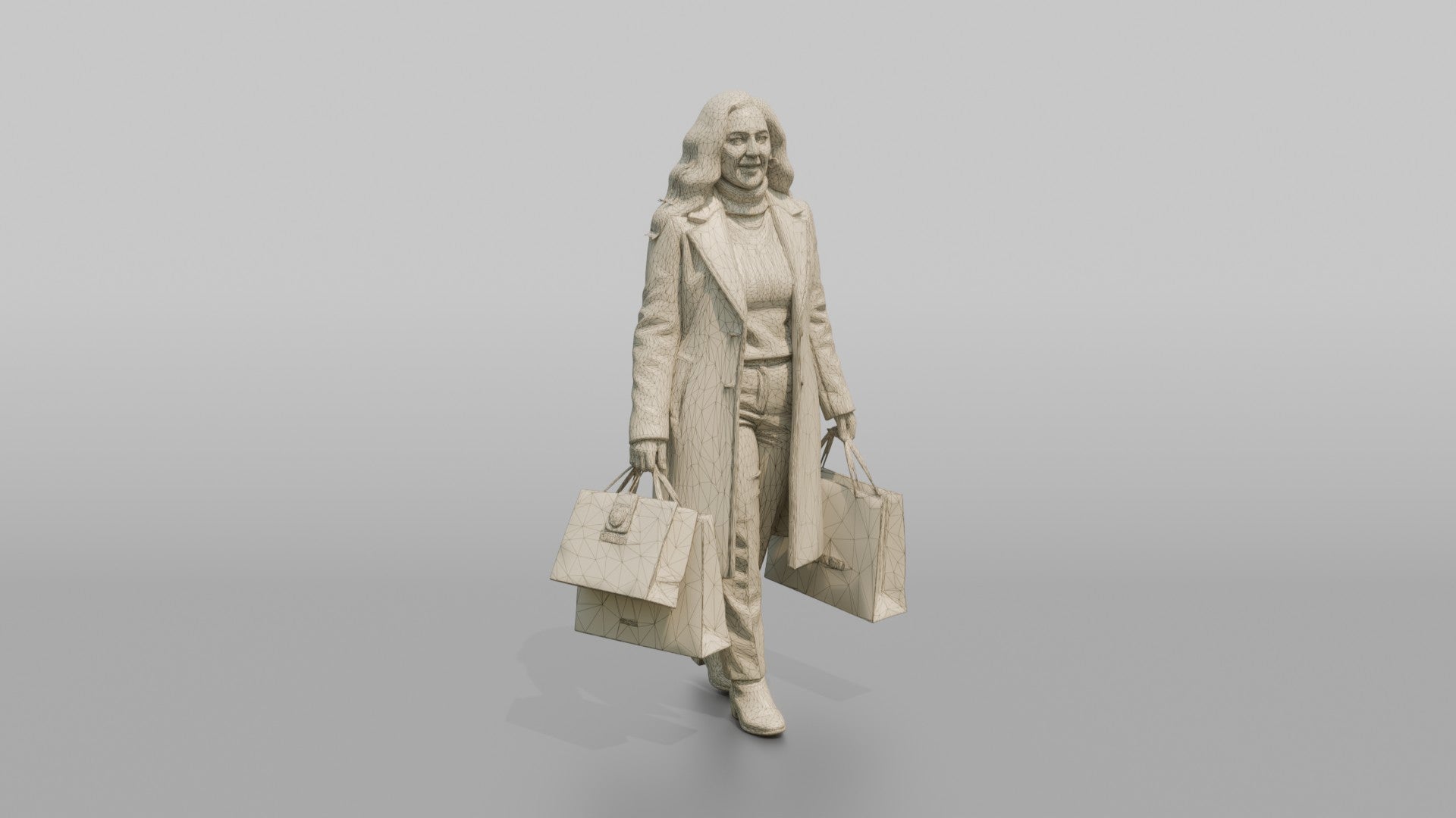 Woman in Green Wool Coat with Shopping Bags