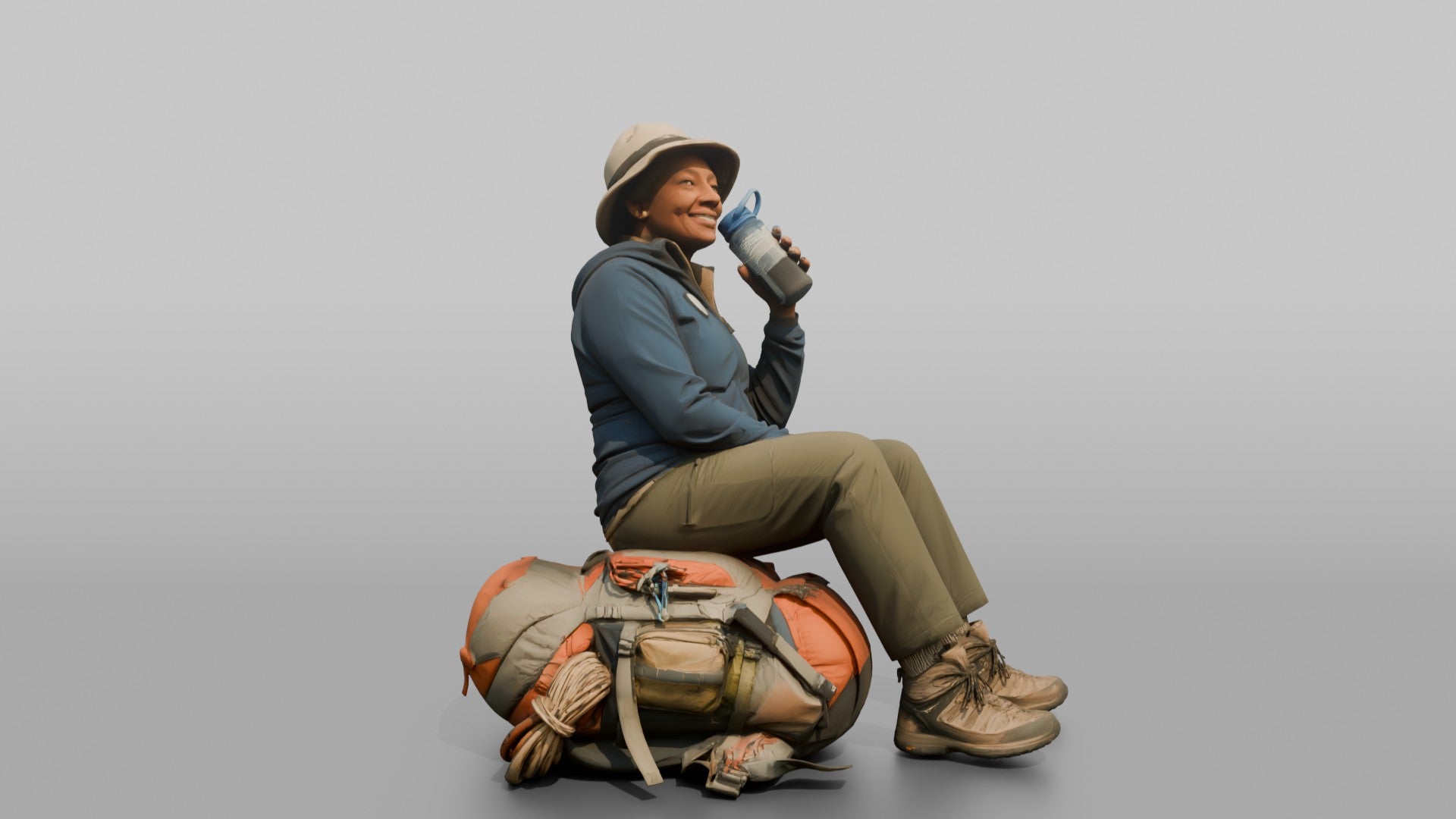 Hiker Sitting on Her Backpack, Taking a Break