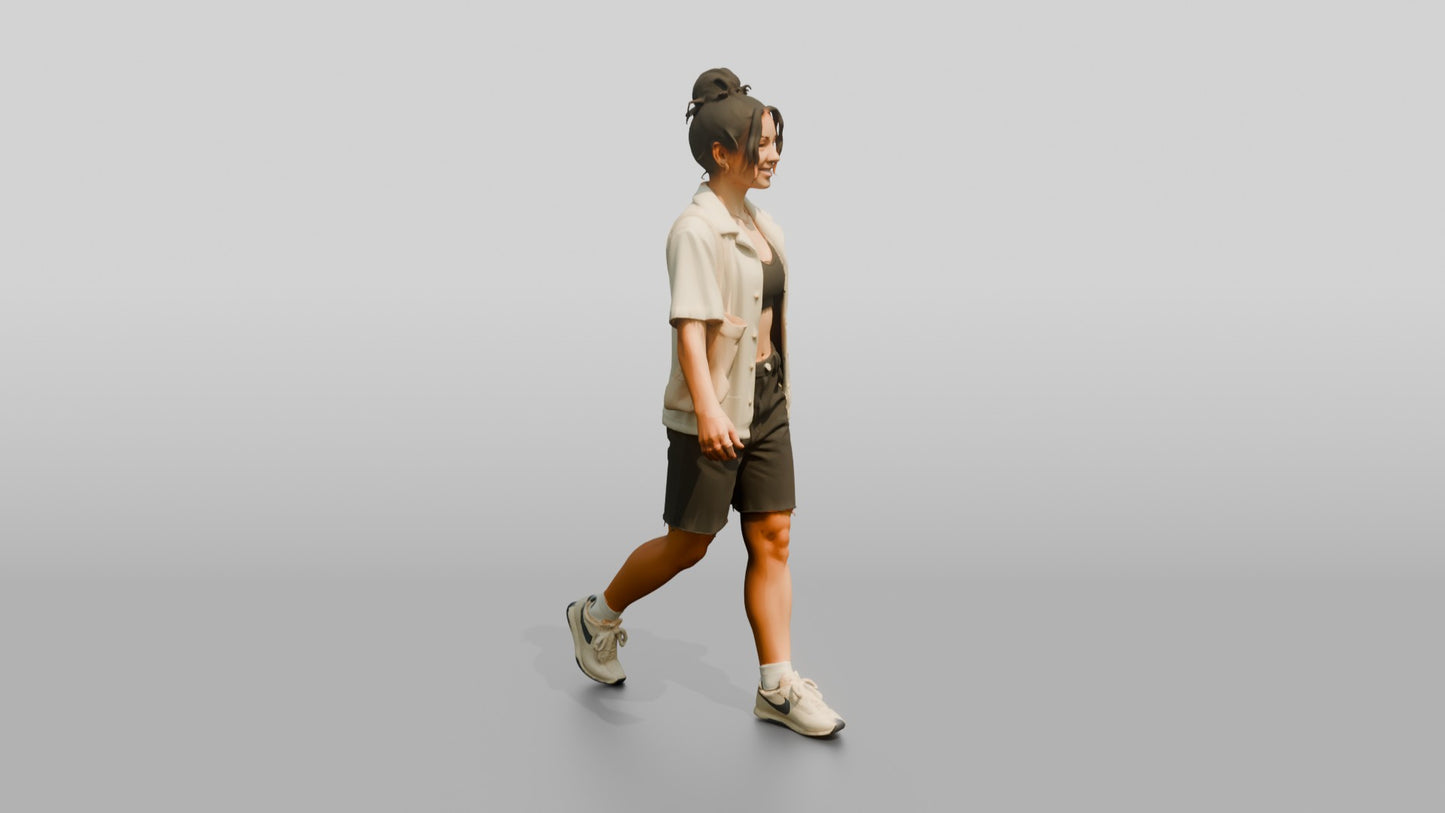 Multiracial Woman Walking the Boardwalk in Terry Cloth Shirt