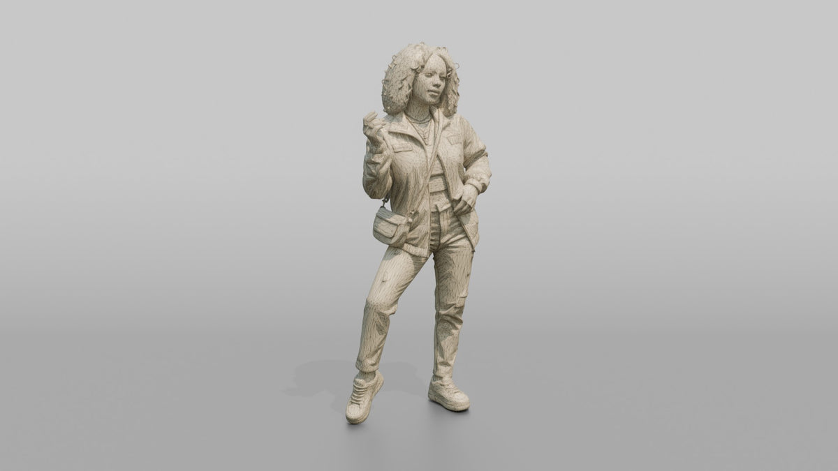 Patron Woman Striking A Bold Urban Pose In A Graphic Windbreaker - wireframe topology preview