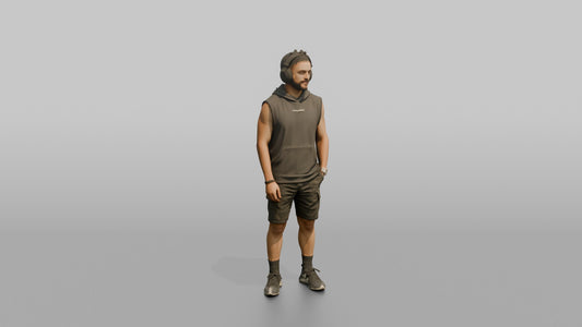 Vacationer Wearing Sleeveless Hoodie And Shorts - 3D character model, view 1